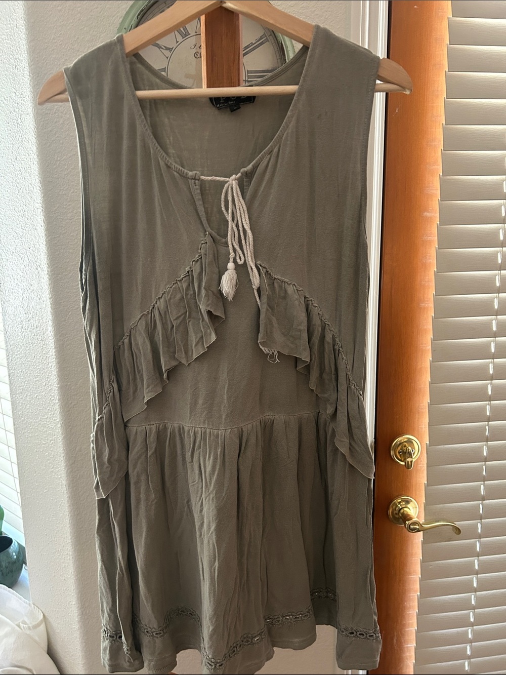 POL Sleeveless Olive Tunic with Tassel Tie & Ruffles